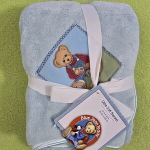 NWT 30"x 40" Ultra Soft Baby BLANKET BOYS - PLUSH - BLUE JEAN TEDDY (Q1)